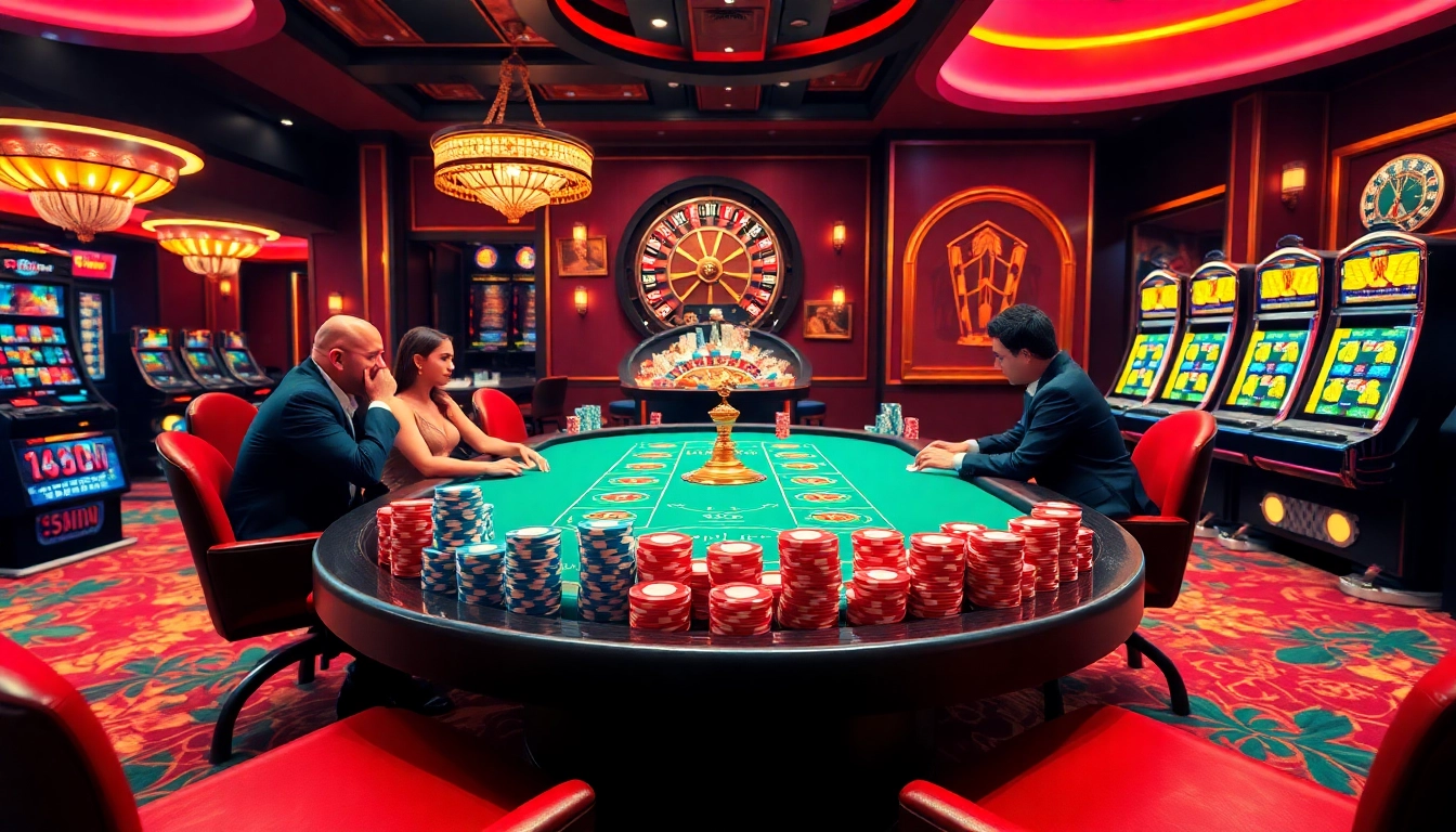 Players enjoying a thrilling high-stakes game at 13win casino with vibrant poker chips.