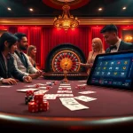 Engage in thrilling gambling action with 8KBET at a luxurious casino table filled with cards and chips.