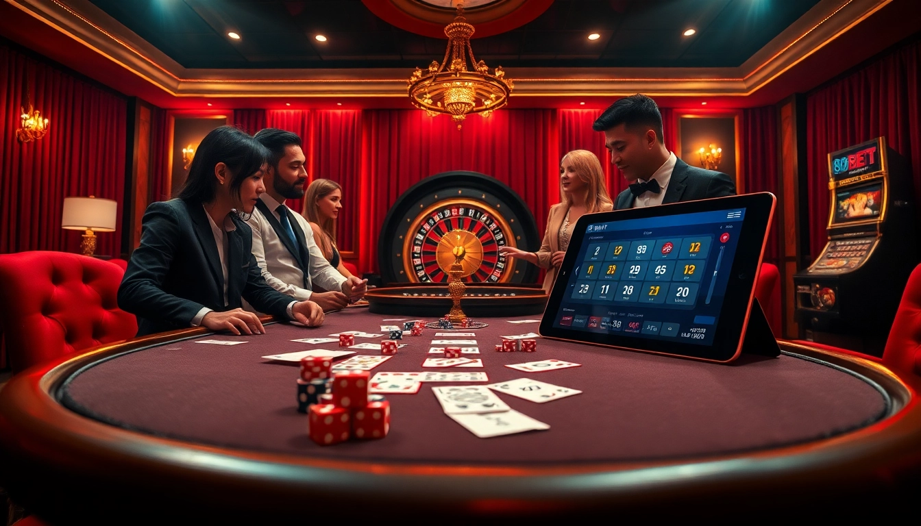 Engage in thrilling gambling action with 8KBET at a luxurious casino table filled with cards and chips.