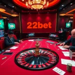 Players engaging in thrilling games at 22bet's luxurious casino tables, creating an exciting atmosphere.
