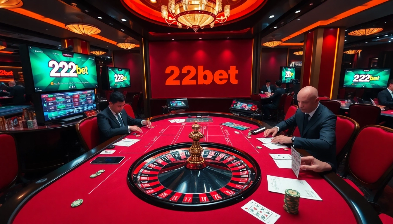 Players engaging in thrilling games at 22bet's luxurious casino tables, creating an exciting atmosphere.