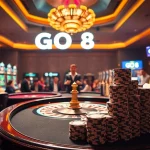 Engaging casino scene with GO8 branding, showcasing roulette, cards, and vibrant slot machines.