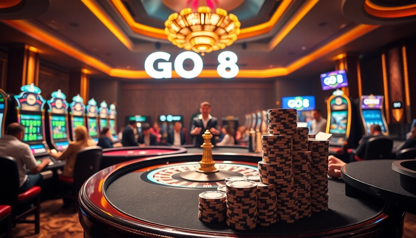 Engaging casino scene with GO8 branding, showcasing roulette, cards, and vibrant slot machines.