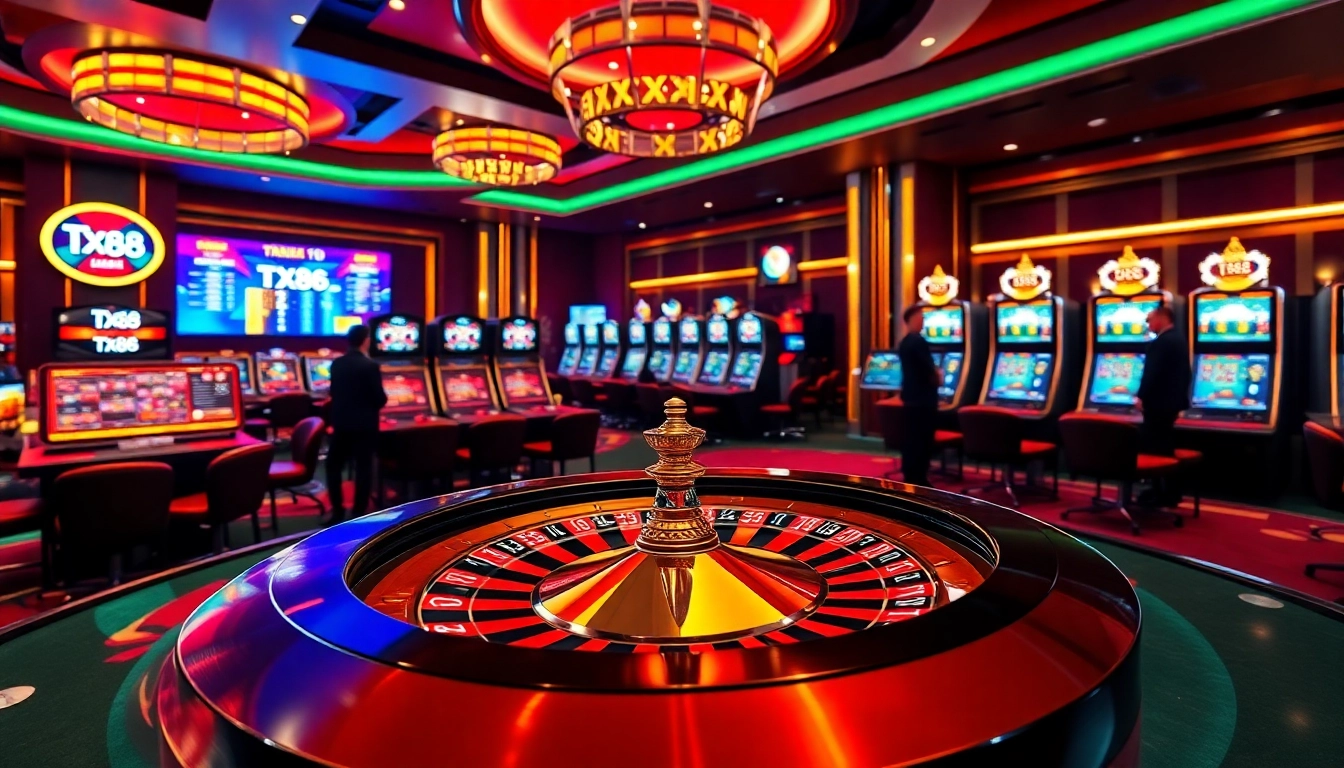 Experience the thrill of gambling with TX88 in this exciting casino scene featuring roulette and poker action.