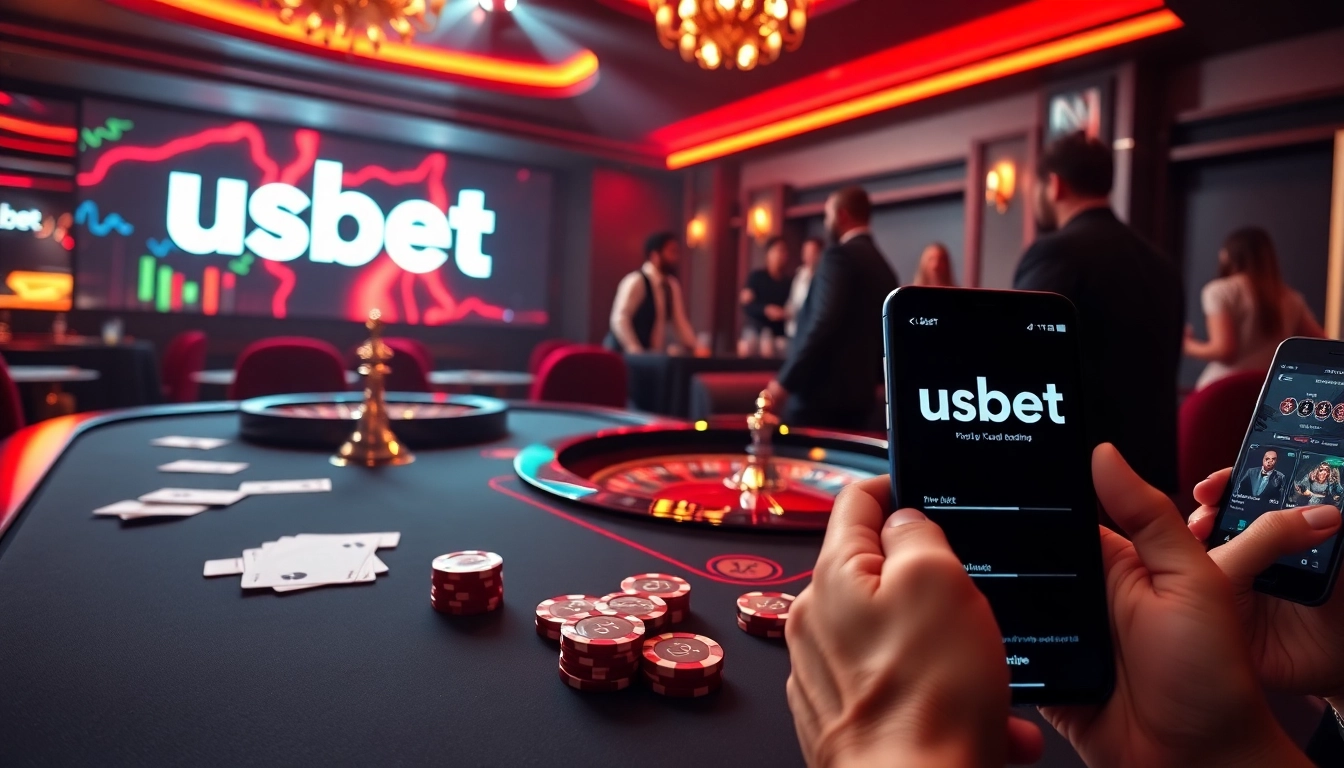 Players engaging with the usbet platform at a vibrant casino, showcasing excitement and betting action.