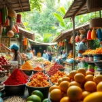 Experience the vibrant culture of Hela Lanka through a bustling local market filled with colorful spices and tropical fruits.
