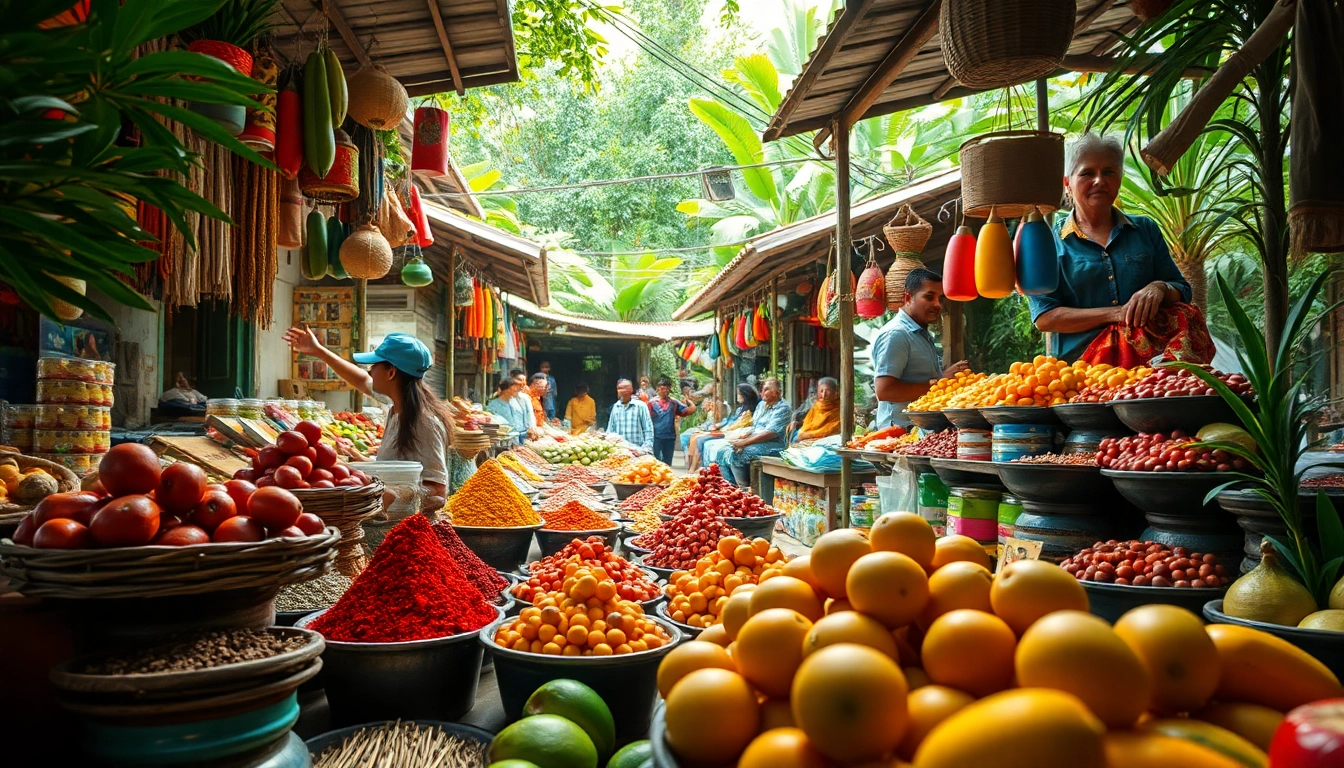 Experience the vibrant culture of Hela Lanka through a bustling local market filled with colorful spices and tropical fruits.