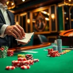 Bet on ta88 with colorful chips and an engaging dealer at a vibrant casino table.