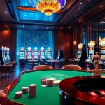 Experience thrilling gambling action at https://king88b.us.com/ with a vibrant casino scene featuring poker tables and slot machines.