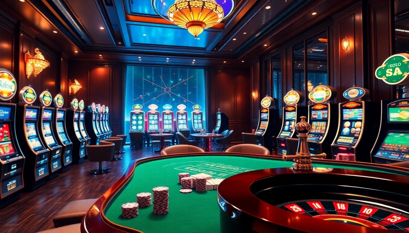 Experience thrilling gambling action at https://king88b.us.com/ with a vibrant casino scene featuring poker tables and slot machines.