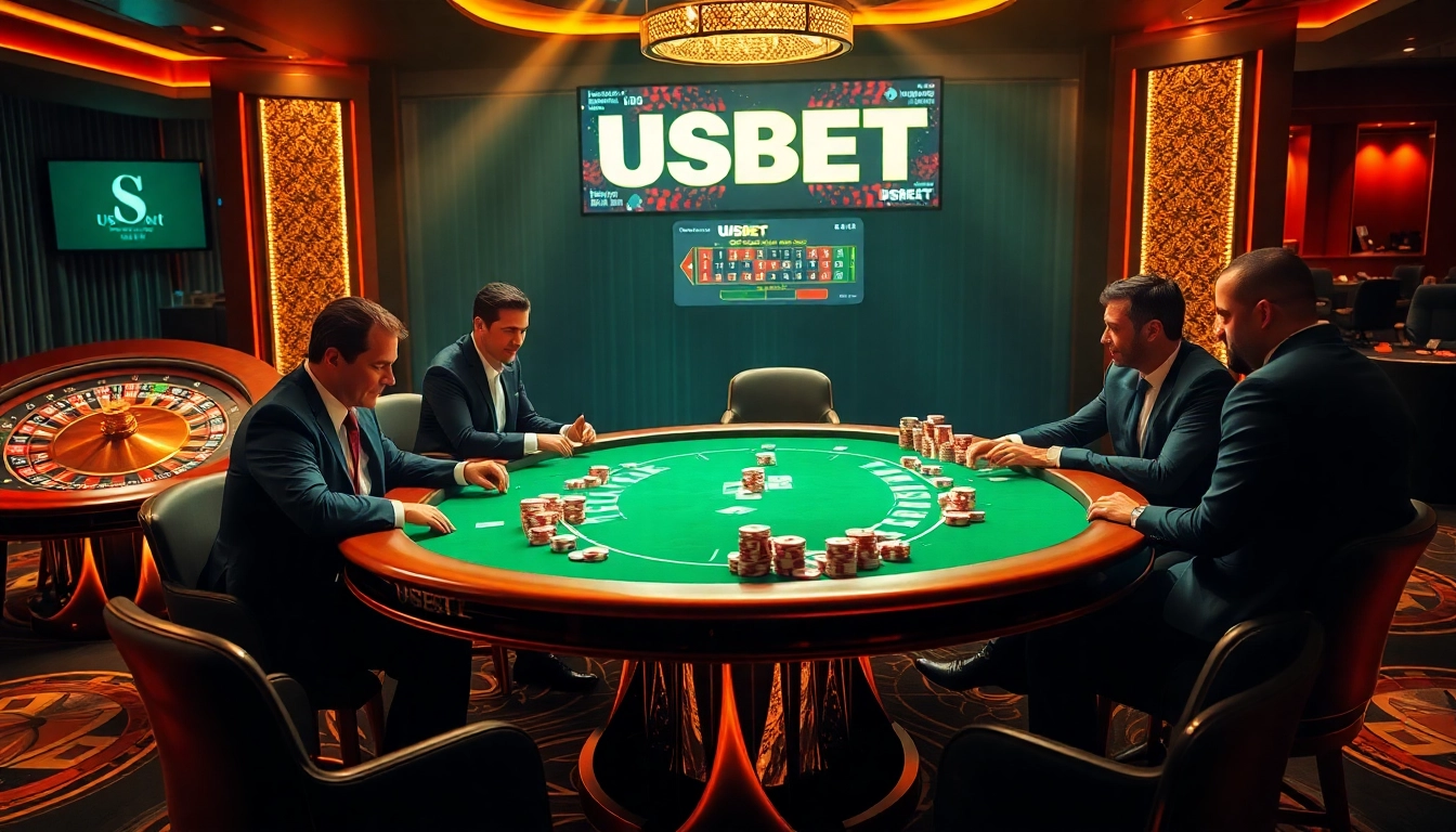 Engage in high-stakes poker action with USBET at a luxurious casino table.
