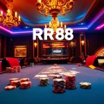 Engaged players at the RR88 poker table, surrounded by luxury casino elements.