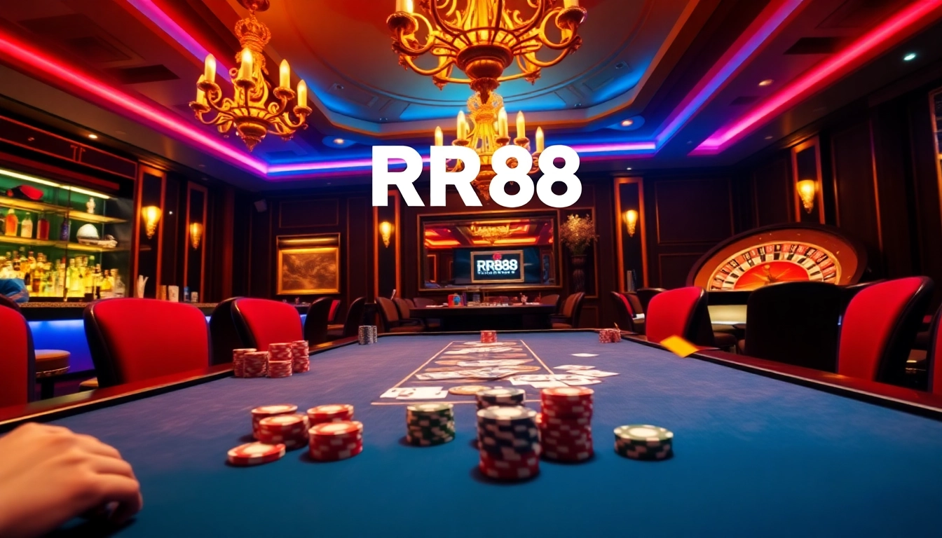 Engaged players at the RR88 poker table, surrounded by luxury casino elements.