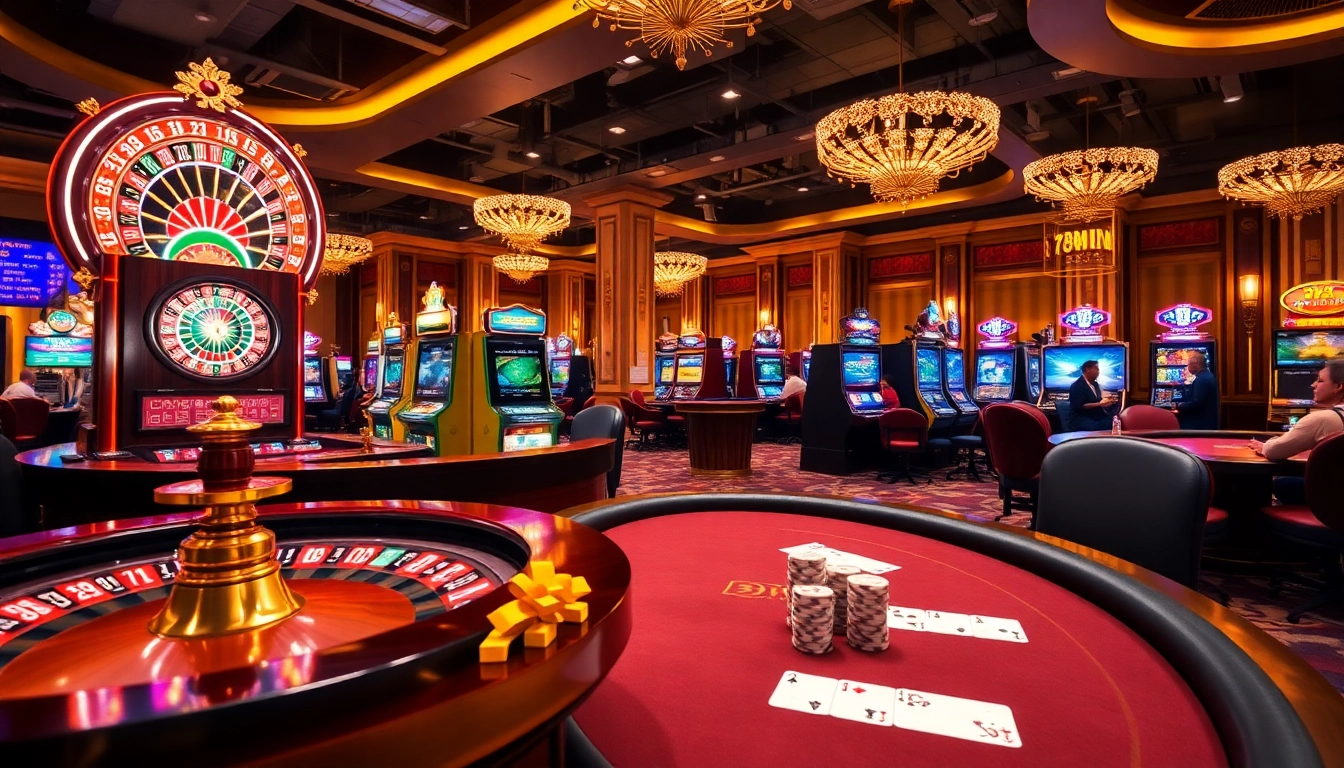 Experience the thrill of 78WIN with a luxurious casino scene featuring vibrant slot machines and a roulette wheel.
