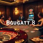 Gambling scene with Bugatti8 poker chips and roulette wheel, showcasing casino elegance and excitement.