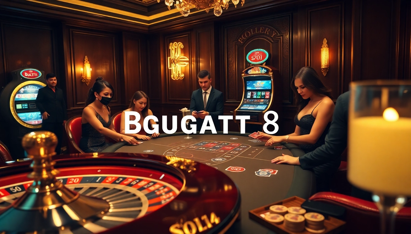 Gambling scene with Bugatti8 poker chips and roulette wheel, showcasing casino elegance and excitement.