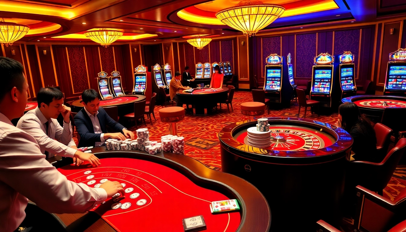 Players enjoying high-stakes games at Bu88, with vibrant casino tables and excitement in the air.