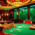 Engaged poker players at a luxurious table in a casino highlighting https://impactxoft.com gambling strategies.