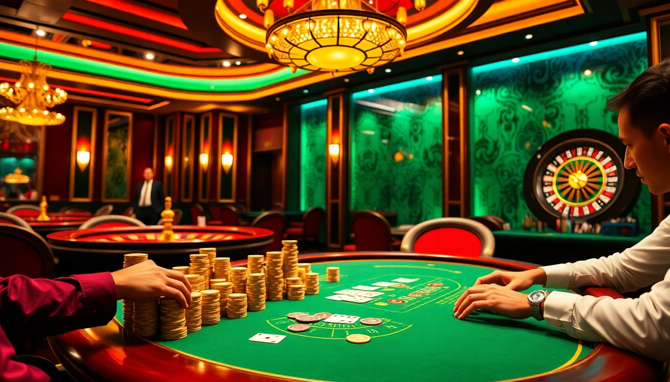 Engaged poker players at a luxurious table in a casino highlighting https://impactxoft.com gambling strategies.