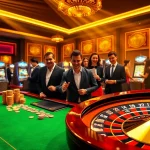 Experience the excitement of kuwin with players at a vibrant casino table and spinning roulette wheel.