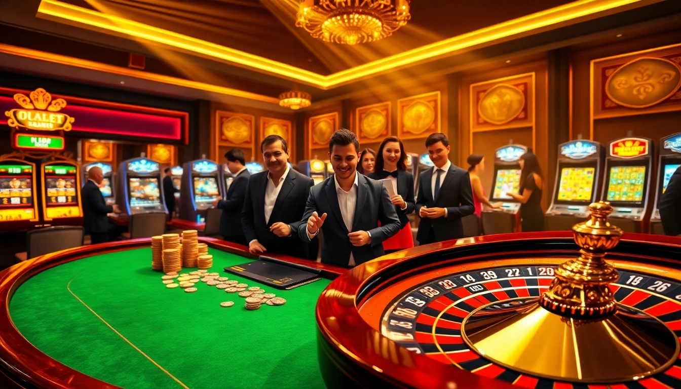 Experience the excitement of kuwin with players at a vibrant casino table and spinning roulette wheel.