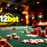 Experience the thrill of live gaming with 12bet poker chips and a roulette wheel at an elegant table.