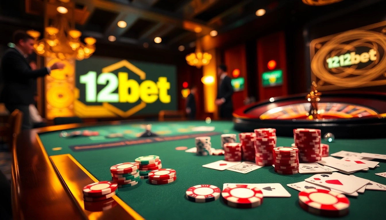 Experience the thrill of live gaming with 12bet poker chips and a roulette wheel at an elegant table.