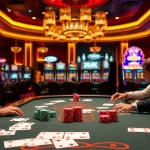 Experience the thrill of VB88 gaming with vibrant tables and exciting poker chips in a luxurious casino environment.