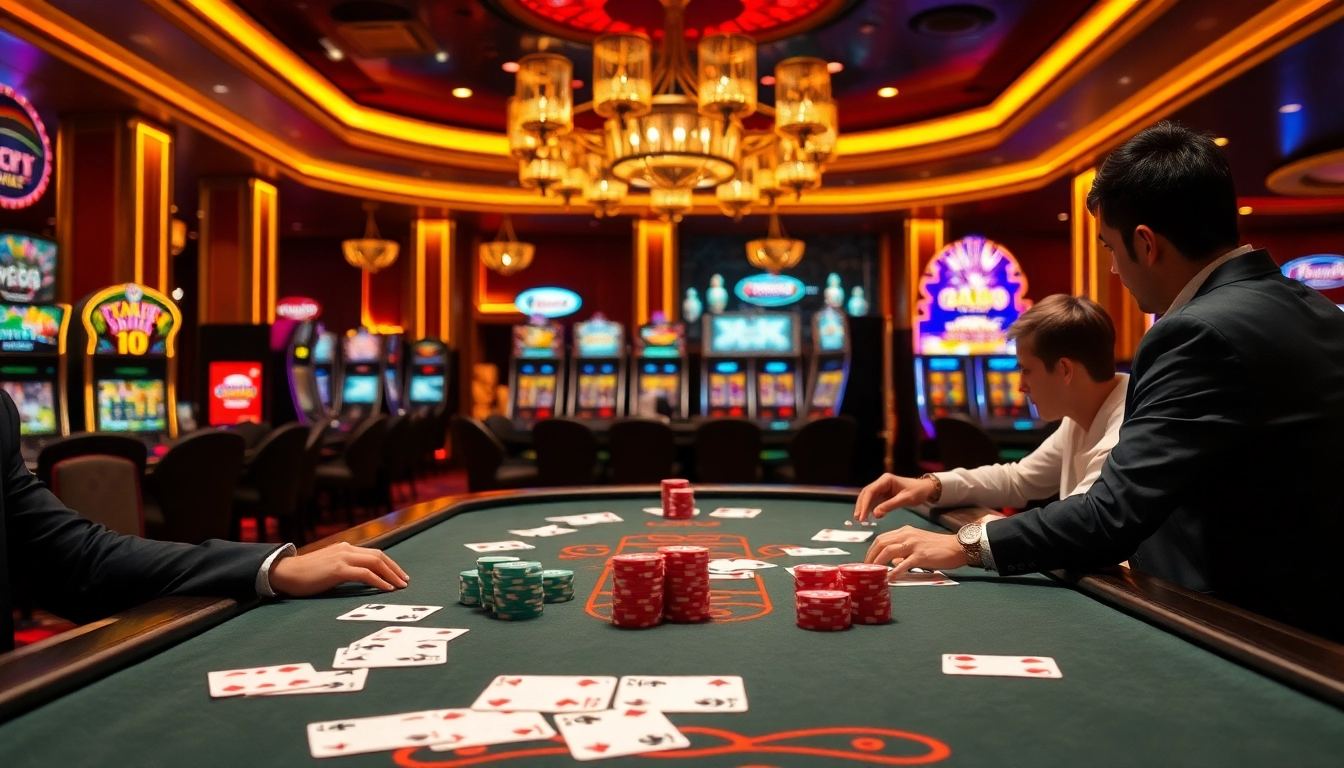 Experience the thrill of VB88 gaming with vibrant tables and exciting poker chips in a luxurious casino environment.