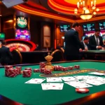 Hello88 casino scene showcasing a vibrant gaming table with poker chips, cards, and a roulette wheel.