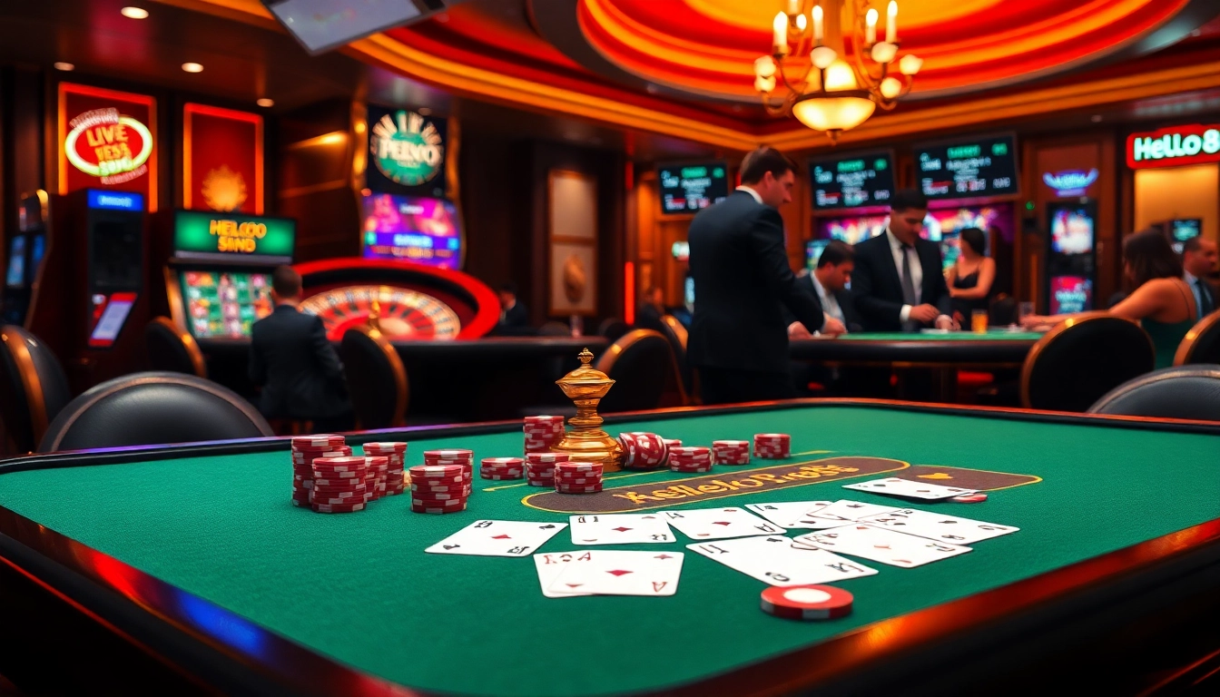 Hello88 casino scene showcasing a vibrant gaming table with poker chips, cards, and a roulette wheel.