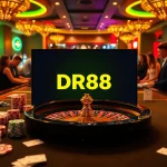 Engaging scene showcasing DR88 logo over a luxurious casino table with eager players and vibrant betting elements.