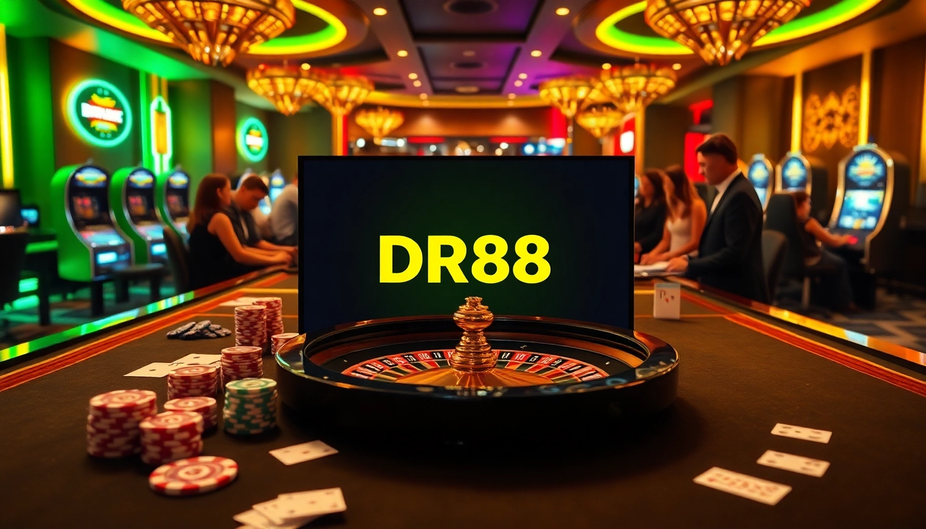 Engaging scene showcasing DR88 logo over a luxurious casino table with eager players and vibrant betting elements.