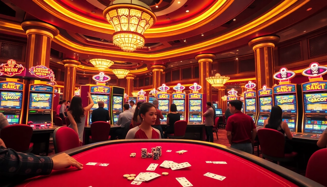 Experience the excitement of Slot Gacor Hari ini with vibrant casino machines and players enjoying their wins.