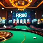 RR88 players engaging in thrilling online gambling activities at a luxurious casino table.