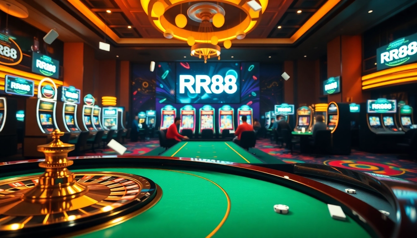RR88 players engaging in thrilling online gambling activities at a luxurious casino table.