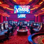 Exciting scene of players winning at VM88 casino tables with vibrant slot machines.