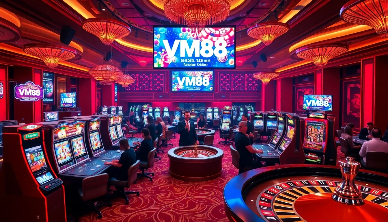 Exciting scene of players winning at VM88 casino tables with vibrant slot machines.