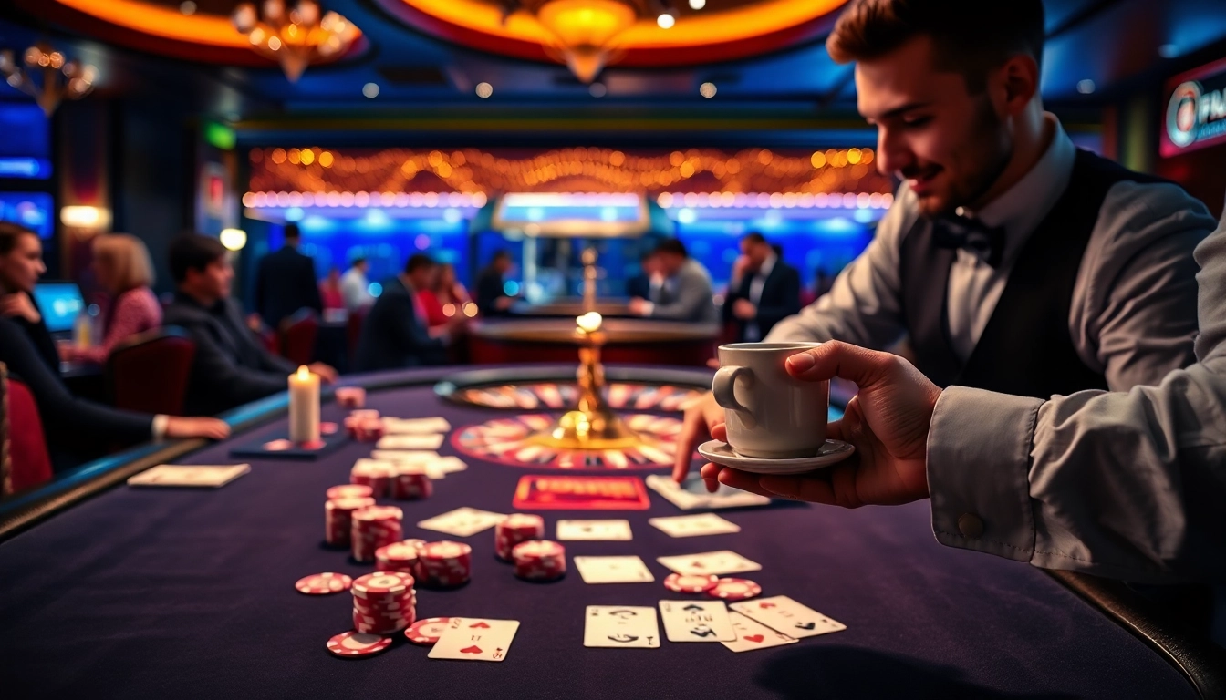 Experience thrilling poker games with KJC coffee served in a vibrant casino atmosphere.