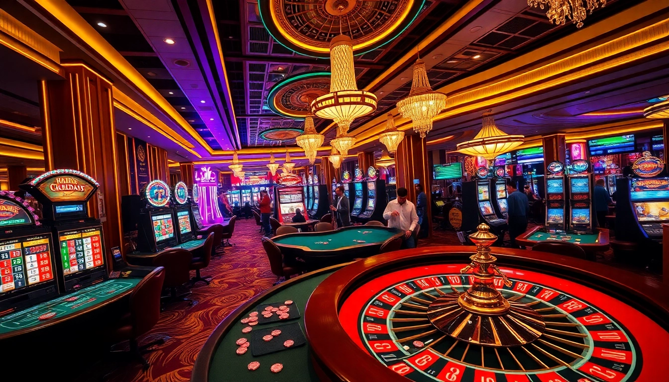 Experience the thrill of gaming at https://topxx88.com/'s premier casino setting with vibrant machines and tables.