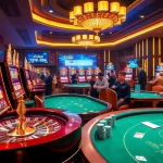 XIN88 players engaging in an exciting casino experience with vibrant slot machines and a roulette table.