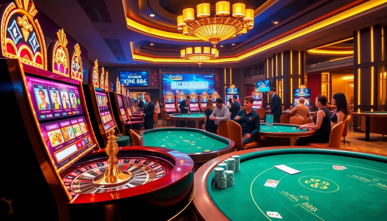 XIN88 players engaging in an exciting casino experience with vibrant slot machines and a roulette table.