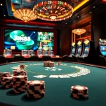 A dynamic casino scene showcasing jun88 phiên bản 2 with poker chips, cards, and a roulette wheel.