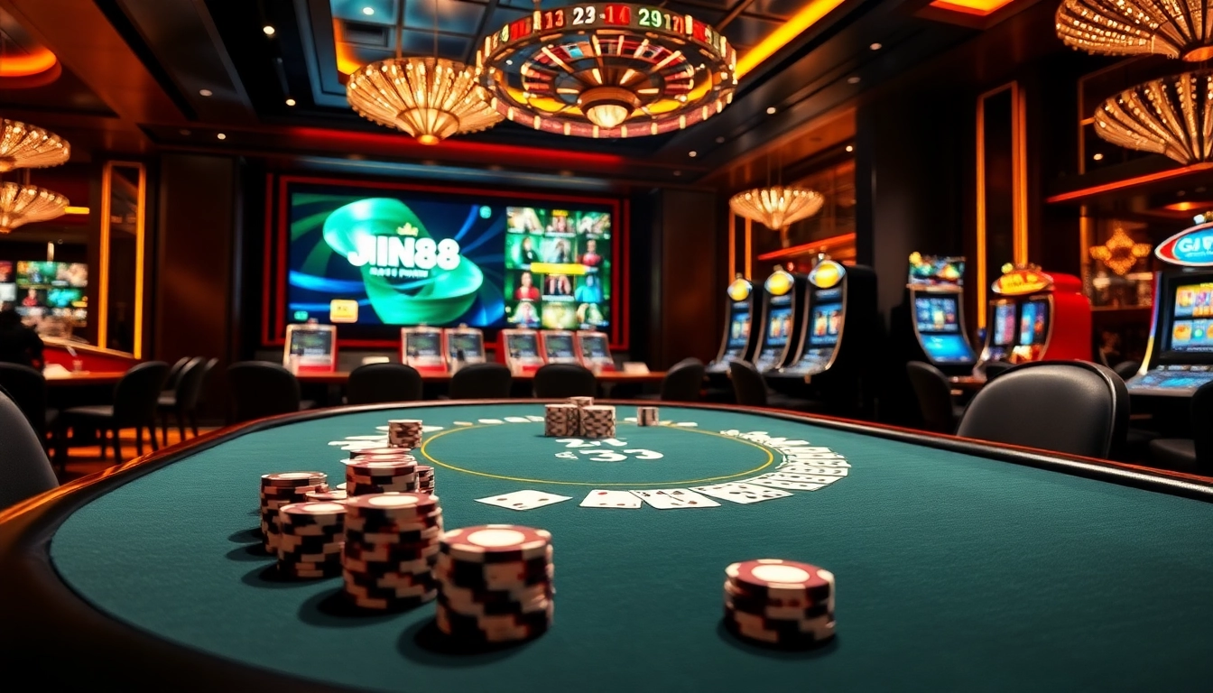 A dynamic casino scene showcasing jun88 phiên bản 2 with poker chips, cards, and a roulette wheel.