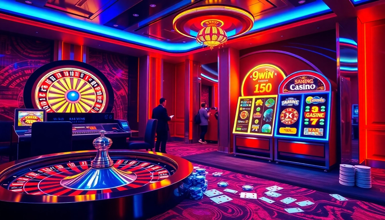 Experience luxury at nhà cái 9WIN with vibrant casino games, poker chips, and dynamic roulette.