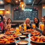 Delicious go wings served in a vibrant modern restaurant setting, showcasing friends enjoying their meal together.
