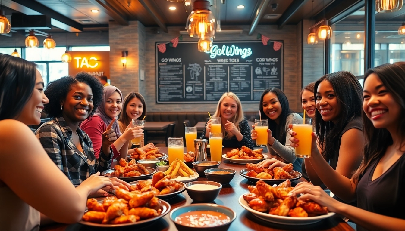 Delicious go wings served in a vibrant modern restaurant setting, showcasing friends enjoying their meal together.