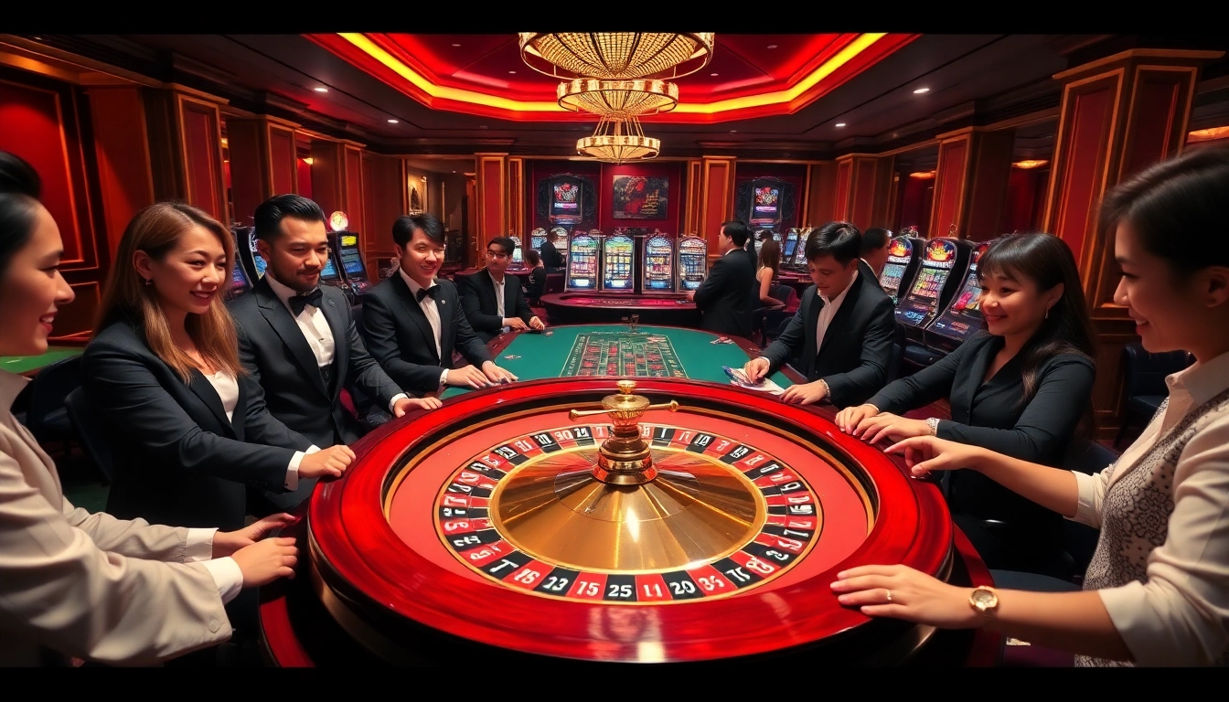 Experience the thrill of Trang Chủ QQ88 at a luxurious casino with players enjoying roulette and poker games.