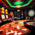 Players engaging with j88 themed slot machines and poker tables in a luxurious casino setting.