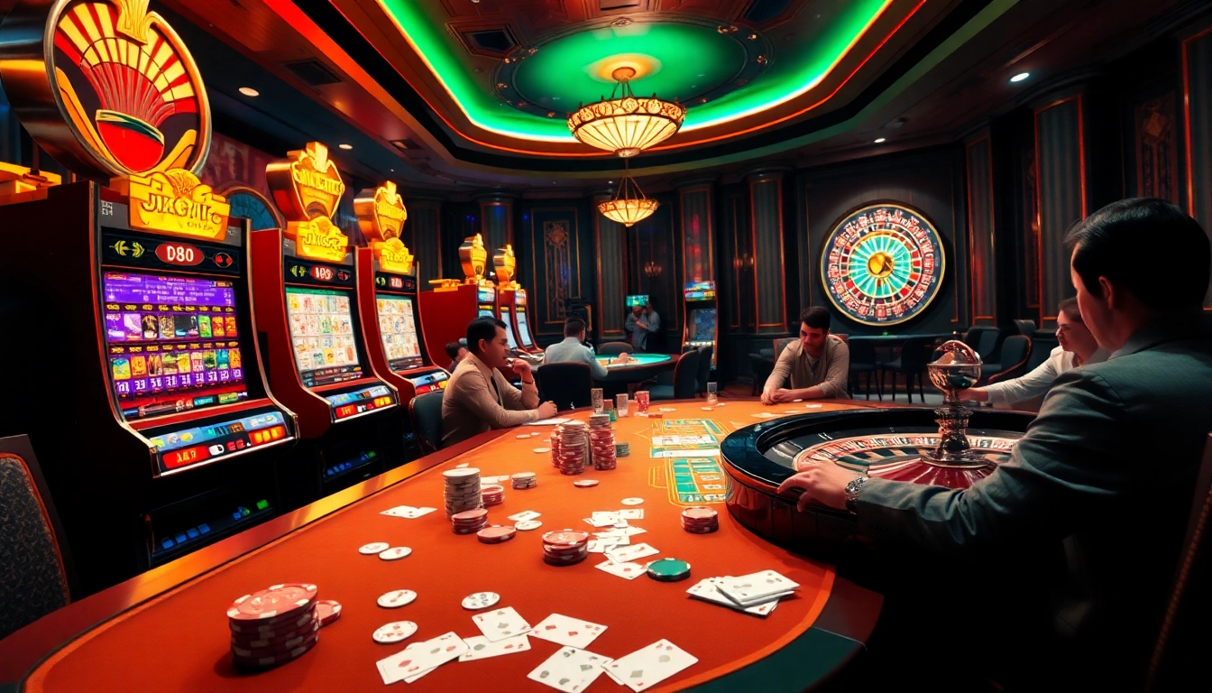 Players engaging with j88 themed slot machines and poker tables in a luxurious casino setting.